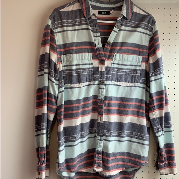 BDG Flannel Top Blue Pink Horizontal Stripe - Picture 1 of 2